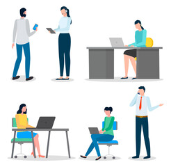 Business characters working at their workplaces at the table with computers flat design. People man and woman office workers set. Businesspeople communicating, common office life vector illustration
