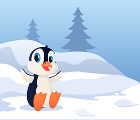 Excited Cute Penguin Sitting On Snow Premium Vector