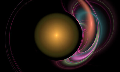 Creative composition of shapes, forms, lines, strokes, spots and streaks. Colorful substance enveloping yellow sphere or star in the center over black background. Colors on dark. 