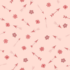 A vector seamless pattern with arrows and flowers in hand drawn style on a pink background