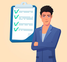 Business Man Arms Folded Job Complete With Checklist Vector Concept