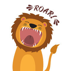 Cute cartoon lion with open mouth roaring.