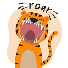 Cute cartoon tiger with open mouth roaring.