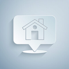 Paper cut Map pointer with house icon isolated on grey background. Home location marker symbol. Paper art style. Vector.