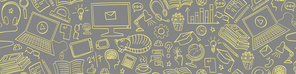 Online education seamless horizontal border. Distance learning yellow doodles on gray background. Vector illustration.