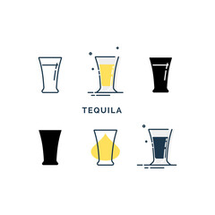 Set of glasses with tequila in different styles. Shot glass drinks. Template alcohol beverage for restaurant, bar. Symbol party. Collection one drink. Isolated flat illustration on white background