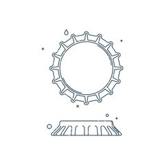 Contour flat illustration with a bottle cap on a white background. One kind of image. Cover metal cork. Isolated element. Line art design. Top view. Outline a drink object