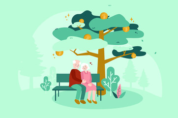 Vector illustration old couple sitting under the tree money, Pension fund for old couple. Sitting and relax at park flat design