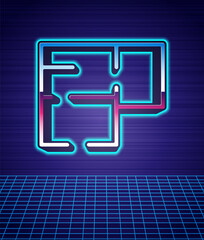 Retro style House plan icon isolated futuristic landscape background. 80s fashion party. Vector.