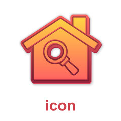 Gold Search house icon isolated on white background. Real estate symbol of a house under magnifying glass. Vector.