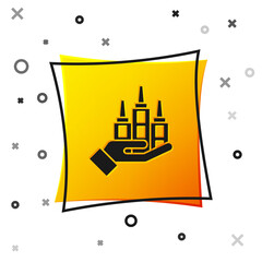 Black Skyscraper icon isolated on white background. Metropolis architecture panoramic landscape. Yellow square button. Vector.