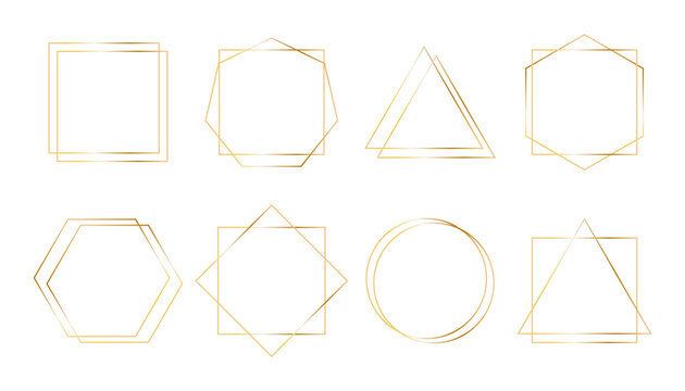 Geometric Golden Vector Frames. Simple Shapes Thin Line Borders For Invitations, Wedding Decor. Art Deco Style