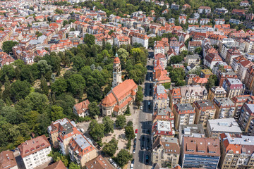 Aerial drone shot of Stuttgart suburb at summer noon