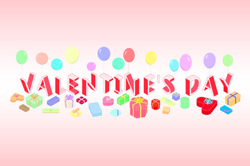 Valentine s Day Isometric Text balloons gift boxes simple vector illustration
