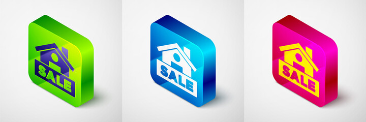 Isometric Hanging sign with text Sale icon isolated on grey background. Signboard with text Sale. Square button. Vector.