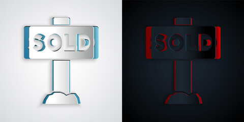 Paper cut Hanging sign with text Sold icon isolated on grey and black background. Sold sticker. Sold signboard. Paper art style. Vector.