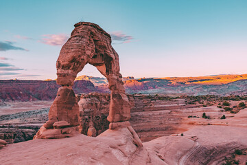 The Delicate Arch during sunrise in Arches National Park, Moab, Utah, USA. Natural sandstone arch at sunrise. 