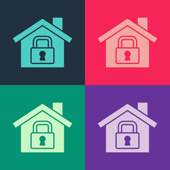 Pop art House under protection icon isolated on color background. Home and lock. Protection, safety, security, protect, defense concept. Vector.
