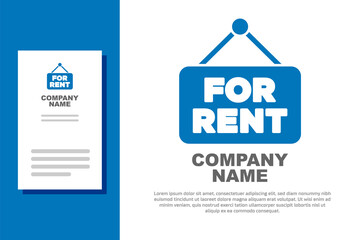 Blue Hanging sign with text For Rent icon isolated on white background. Signboard with text For Rent. Logo design template element. Vector.