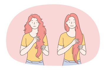 Condition of healthy hair concept. Young woman showing her red long hair before and after repairing treatment in salon concept. Brushing combing and professional procedures illustration 