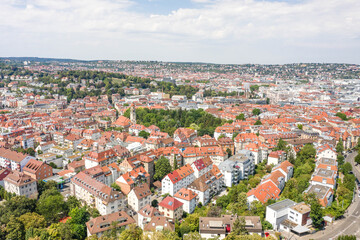 Fototapeta na wymiar Aerial drone shot of Stuttgart suburb at summer noon