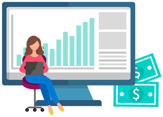 Woman buys on online commerce. E-commerce. Online business illustration with buyer pays with app. Young girl sits with a laptop and makes purchases in store using the Internet, looks at sales figures