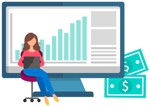 Woman buys on online commerce. E-commerce. Online business illustration with buyer pays with app. Young girl sits with a laptop and makes purchases in store using the Internet, looks at sales figures