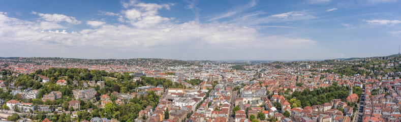 Naklejka na ściany i meble Panoramic view of Stuttgart suburb near hills in Germany at summer noon