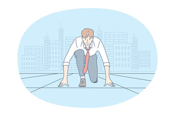New opportunities, challenge, startup concept. Young confident businessman cartoon character sitting and ready to start for new business goals and targets vector illustration. Competition race win