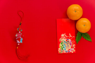 Fototapeta na wymiar Red envelope put on red background, red envelope is gift and chinese lantern on special days such as chinese new year.