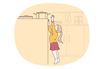 Danger, risk, curiosity concept. Small girl cartoon character reaching up for cooking pan on stove in kitchen without parents control vector illustration