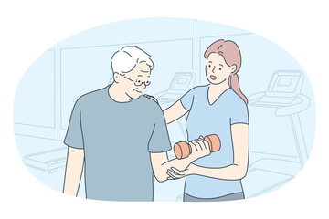 Fitness coach, rehabilitation, active lifestyle concept. Young smiling woman cartoon character sports instructor helping elderly man with right exercising with dumbbells in gym vector illustration 
