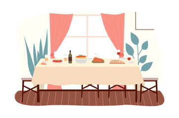 The dining room design flat vector illustration. Dining table with food and chairs nearby. Furniture model for the interior of a room for dinner eating and spending time. Arrangement of furniture at
