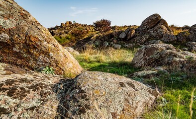 Huge deposits of stone minerals in a clearing bathed in warm sun