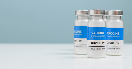 Coronavirus Sars-Cov-2 vaccine anti-virus vials with copy space in the laboratory.