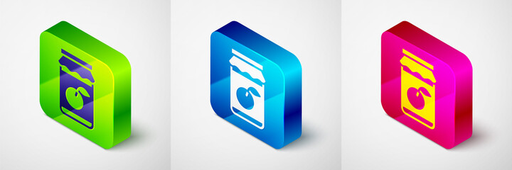 Isometric Jam jar icon isolated on grey background. Square button. Vector.