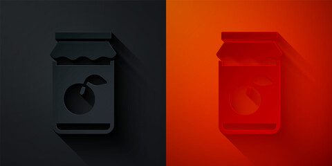 Paper cut Jam jar icon isolated on black and red background. Paper art style. Vector.