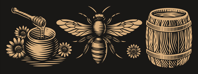 Black and white vector honey illustrations in engraving style on dark background