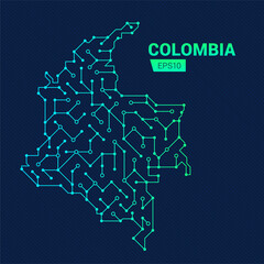 Abstract futuristic map of Colombia. Electric circuit of the country. Technology background.