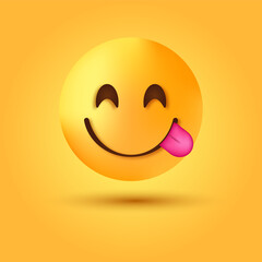 3d emoji Face Savouring Delicious Food, Smiling Face savoring Licking Lips, smiley emoticon with tongue out in one corner, Hungry goofy character	