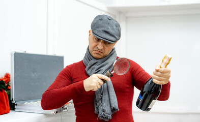 Senior customer chooses bottle of wine and reads label with magnifying glass. Handsome adult man in cap and scarf.