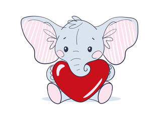 Cute sitting baby elephant with big ears holding a red heart. Flat cartoon character, toy or doll. Valentine s Day. Vector illustration isolated on white background