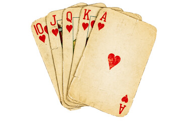 old playing cards, royal flush on a white background.