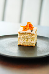 piece of cake biscuit cream sweet dessert slice layers vanilla kurd on the table meal snack top view copy space for text food background rustic image