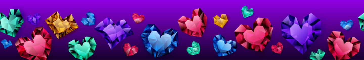 Banner of multicolored hearts made of crystals witn shadows on purple background