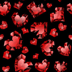 Seamless pattern of red hearts made of crystals witn shadows on black background