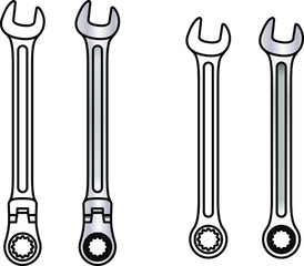 Line and coloured drawings.of two variations of a combined gear and open-end wrench.