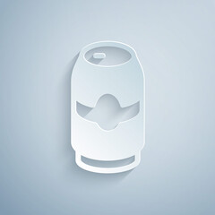 Paper cut Beer can icon isolated on grey background. Paper art style. Vector.