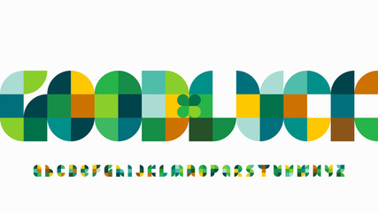 Vector illustration of Good Luck phrase made of abstract geometric blocks with clover leaf and colorful alphabet letters set isolated on white background for your design