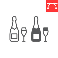 Champagne bottle with glass line and glyph icon, valentines day and alcohol, champagne sign vector graphics, editable stroke linear icon, eps 10.